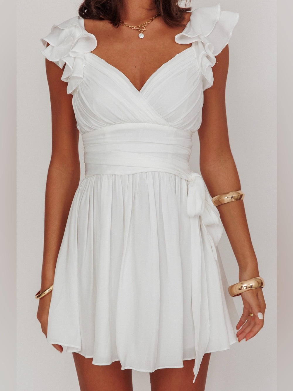 American Threads White Ruffled Tie  Mini Dress